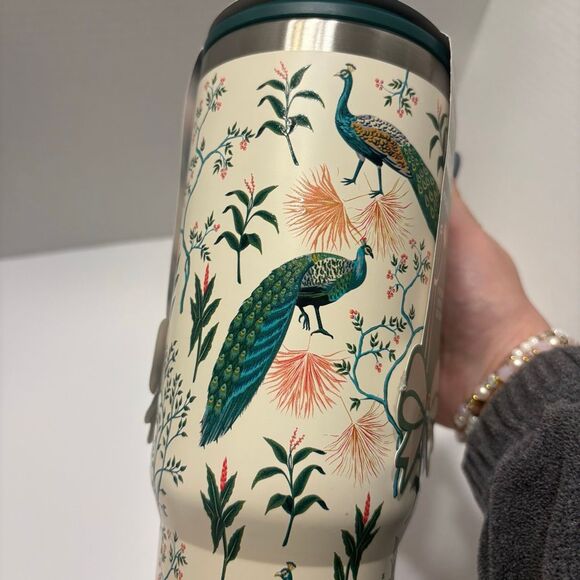 Hydragear Green Cream Peacock Print Stainless Steel Tumbler 30 Oz Bow Straw - Picture 5 of 7